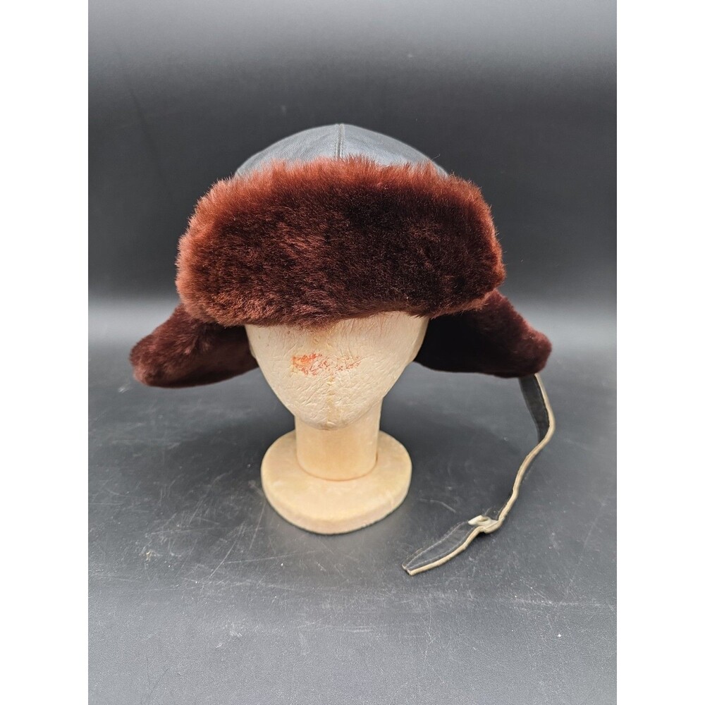 VTG Leather Men's Brown Fuzzy Lined Trapper Flat Cap Flap Hat USA Union 7 3/8